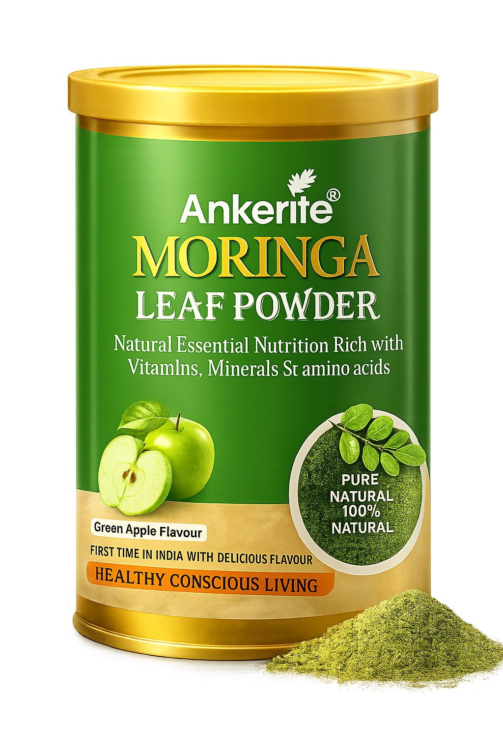 Ankerite Moringa Leaf Powder | Rich in Vitamins A, C & E | Energy, Immunity & Digestive Wellness | Orange & Green Apple with Unflavored-300g